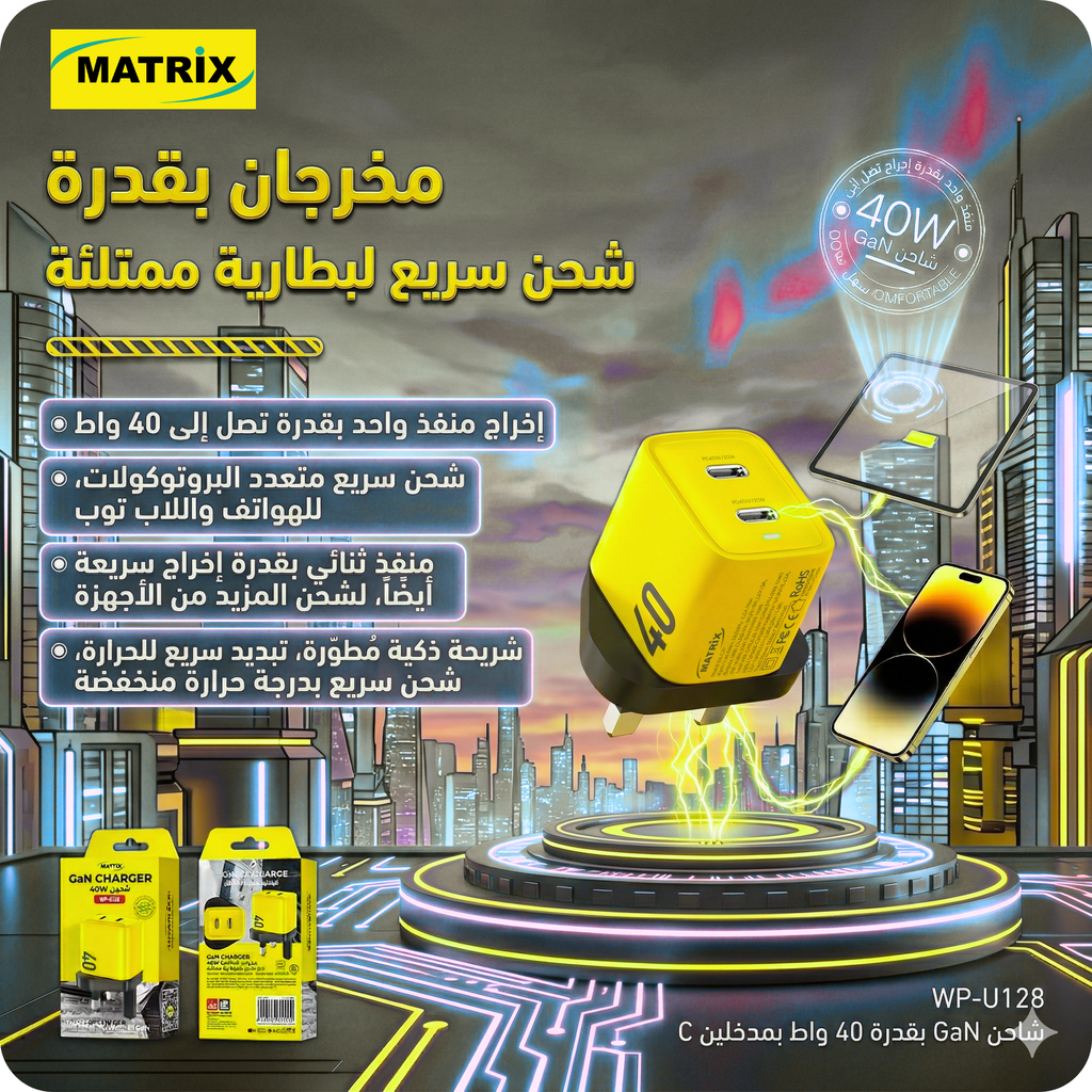 EU128 :Matrix GaN 40W Dual Port Charger