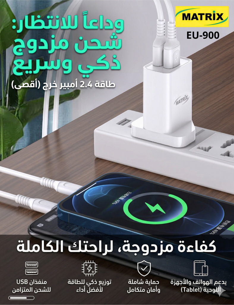 EU900 : Matrix Dual Port 2.4A Charger (Micro Cable)