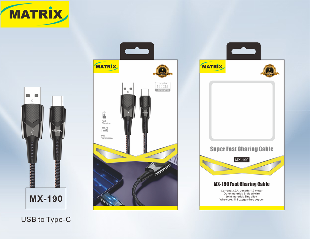 [USB-TC] MX190: كابل 3.2A (زنك/قماش) USB-TC