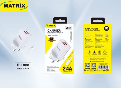 [Charger-Micro] EU900 : Matrix Dual Port 2.4A Charger (Micro Cable)